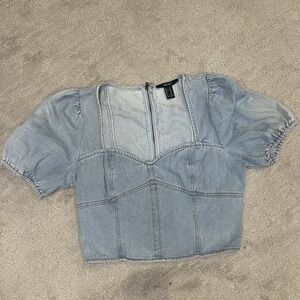 FOREVER 21 DENIM Jean ZIP UP‎ CROPPED TOP Medium Sweetheart Y2K Boho Western